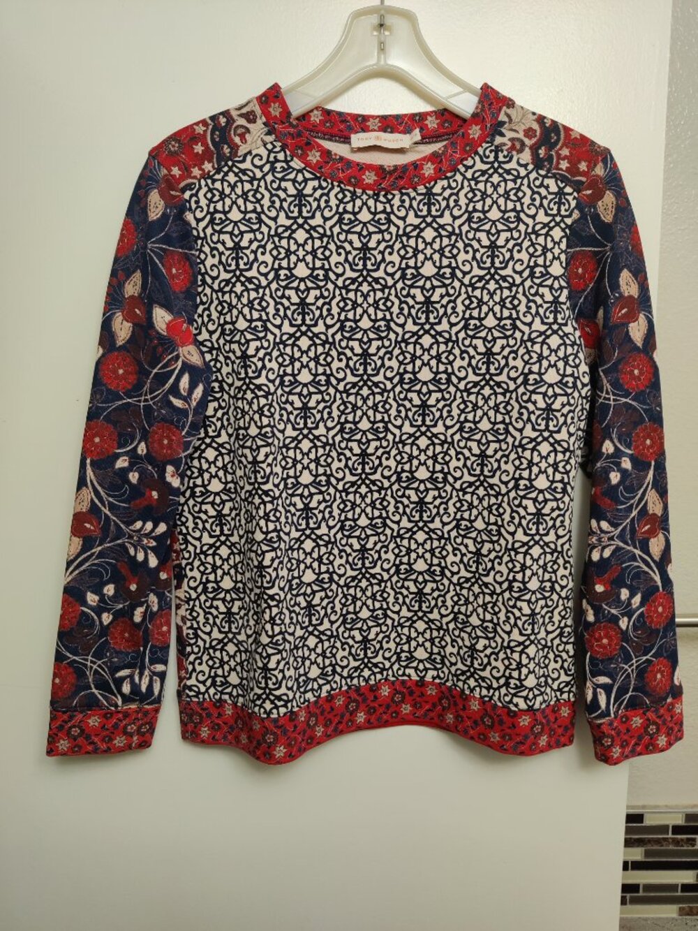 Tory Burch XS Mixed Prints Pima Cotton French Terry Sweatshirt Top